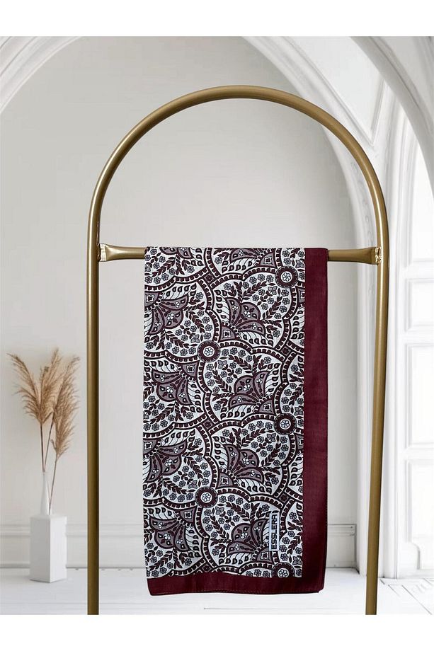 Bordo Etnik Çiçek Desenli Soft Eşarp - 5