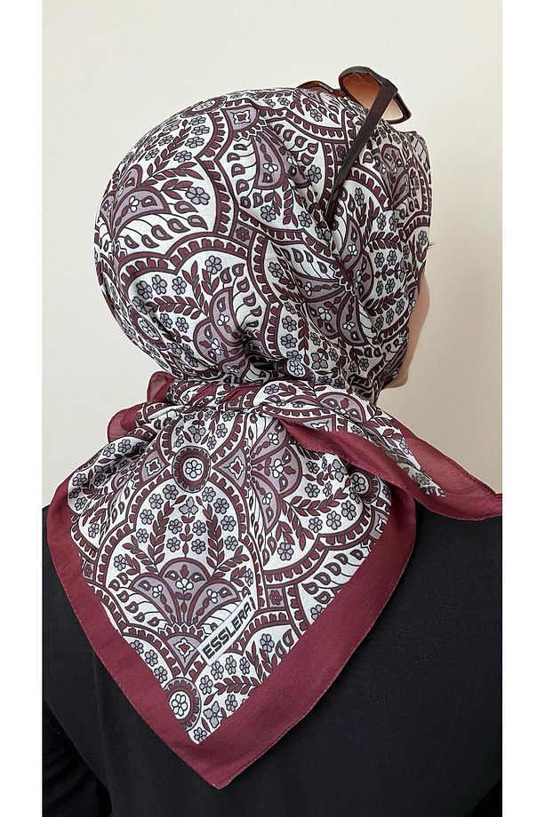 Bordo Etnik Çiçek Desenli Soft Eşarp - 1