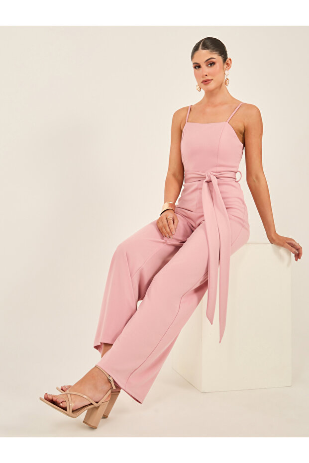 Solid Strappy Wide Leg Jumpsuit with Waist Tie-Up Detail