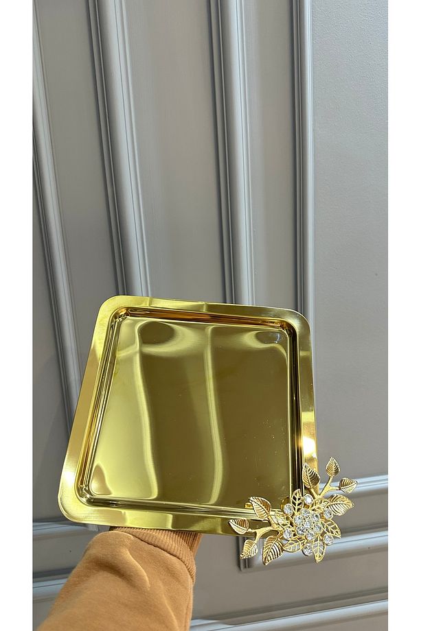 6 lı Metal Tek Kişilik Taşlı Gold Kahve Çay Sunum Tepsi - 3