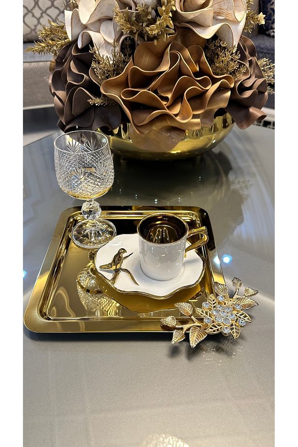 6 lı Metal Tek Kişilik Taşlı Gold Kahve Çay Sunum Tepsi - 2