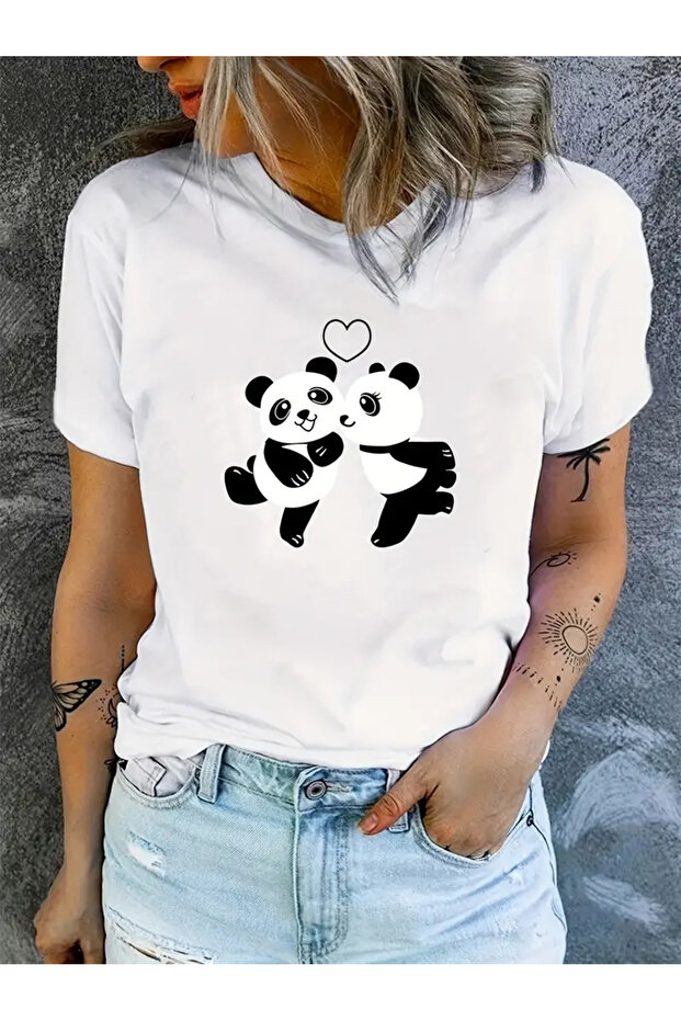 Unisex Panda Printed Crew Neck Oversize T-shirt