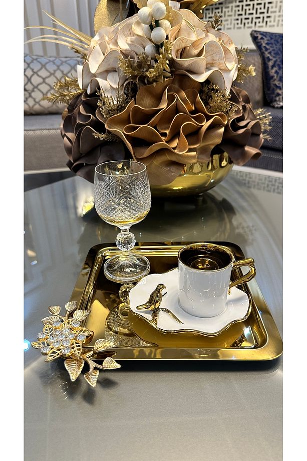 6 lı Metal Tek Kişilik Taşlı Gold Kahve Çay Sunum Tepsi - 4