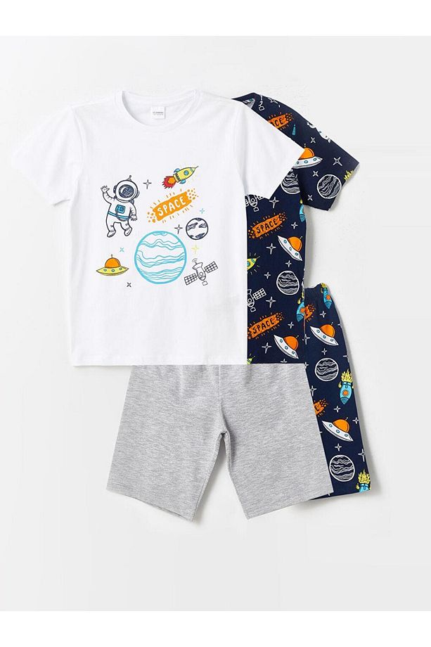 Bisiklet Yaka Baskılı Kısa Kollu Erkek Çocuk Şortlu Pijama Takımı 2'li (S4) - 1