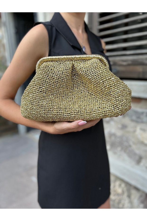 . Bags Gold Color Shiny Metallic Paper Rope Portfolio Clutch Bag