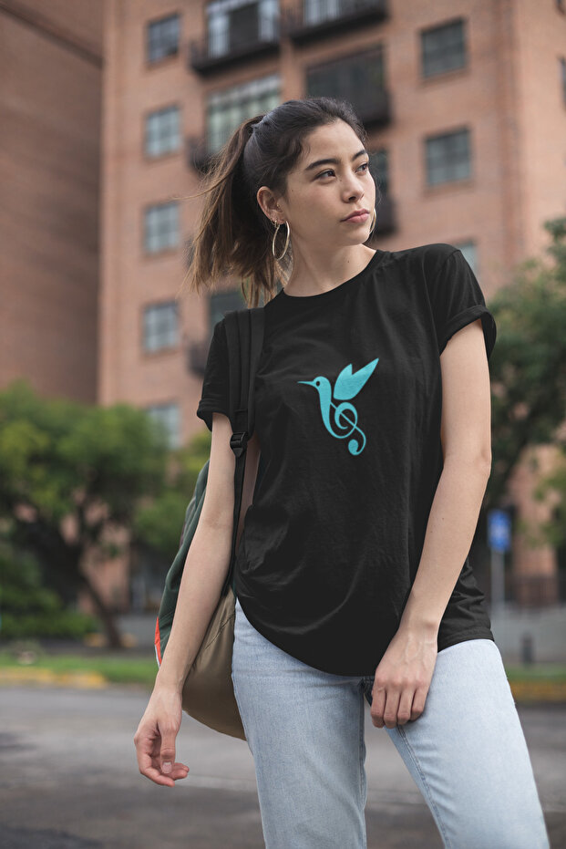 Note Bird Printed Women's Crew Neck Cotton Oversize Short Sleeve T-Shirt