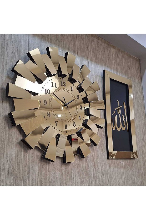 3 lü Duvar Saati  Piyano Model Allah Muhammed Lafzı Tablo 3 Boyutlu Aynalı Pleksi Türk Rakam Gold - 2