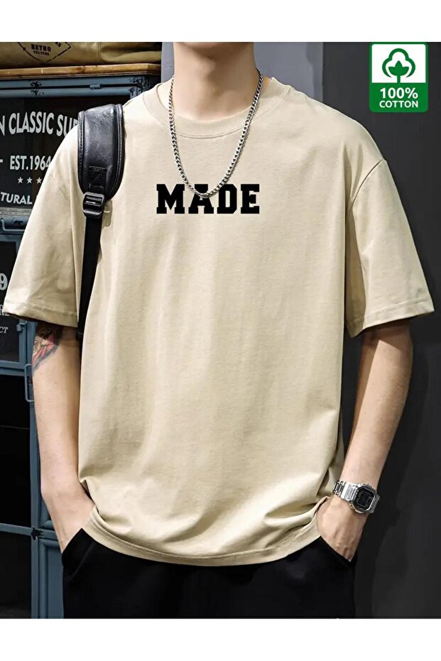 Made Printed Men's Cotton Combed Crew Neck Beige T-shirt