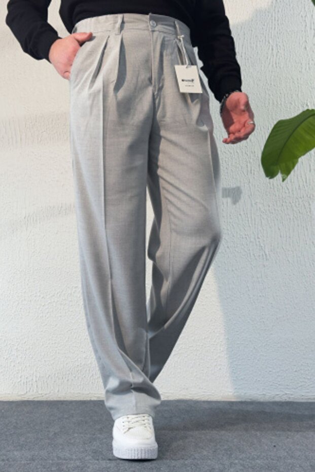 Baggy Light Gray Double Pleated Trousers Comfortable Fit New Season