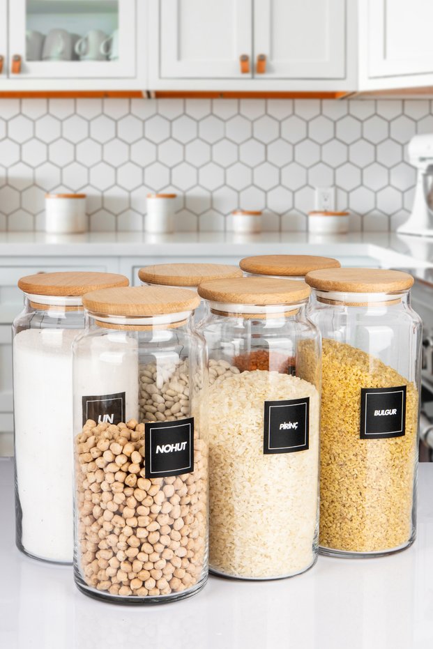 6-Piece Wooden Vacuum Lid 1400 ml Pulses Food Storage Jar