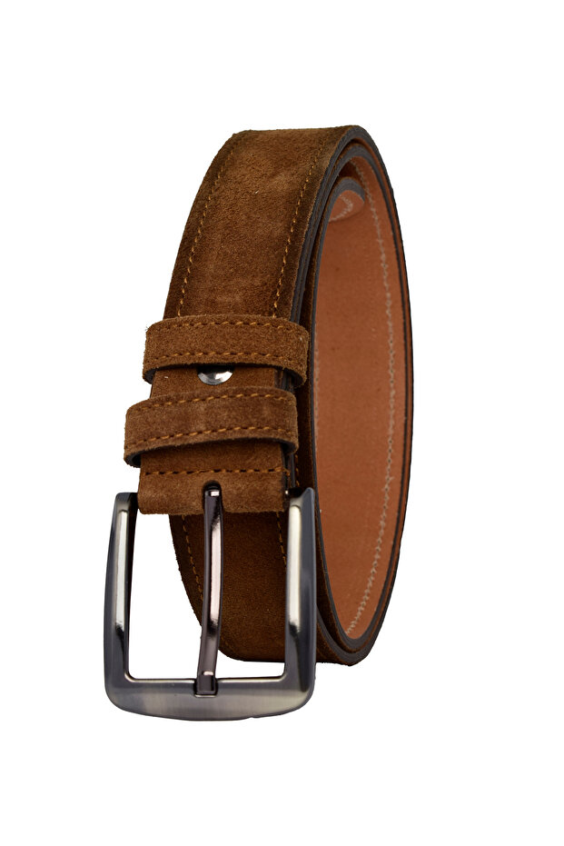 %100 Hakiki Deri Süet Kahverengi Kemer 4cm - 2
