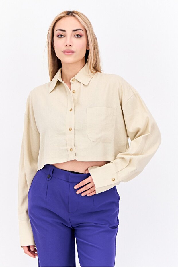Women Spread Collar Long Sleeve Plain Top, Beige