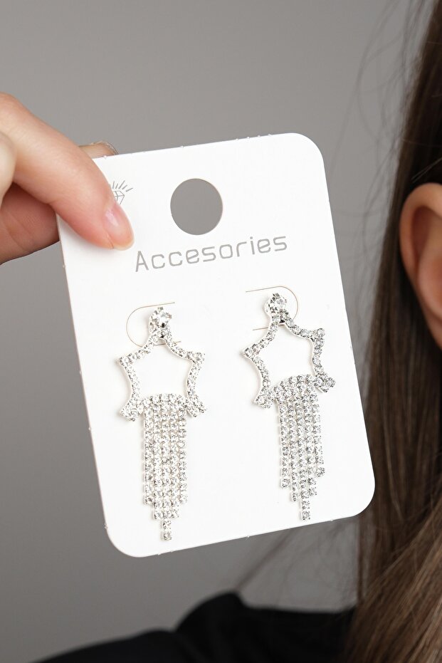Women's White Color Stone Dangle Star Evening Dress Earrings