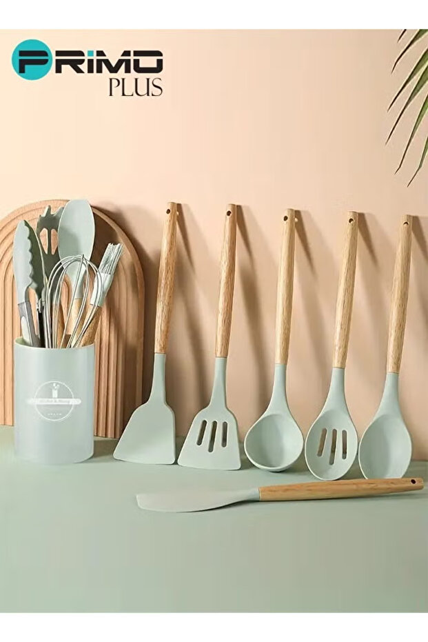 طقم أدوات مائدة سيليكون مع حامل بلاستيكي باللون الأخضر - 4