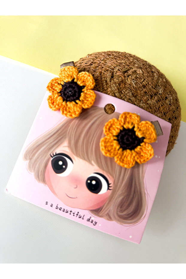 Sunflower Pattern Hand Knitted Clips - Double Collet with Buckle for Baby and Child