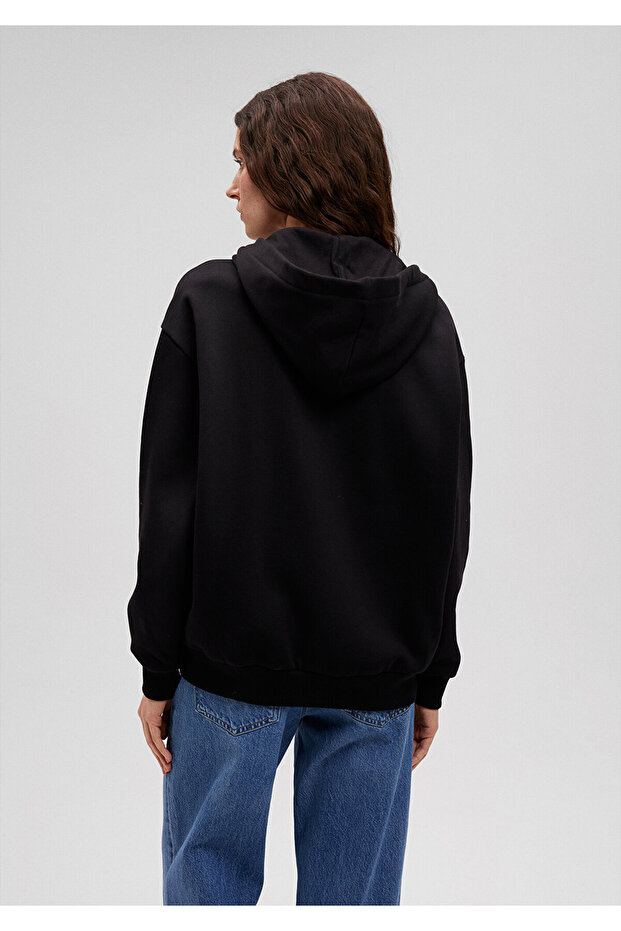 Fermuarlı Kapüşonlu Siyah Basic Sweatshirt 1611775-900 - 4