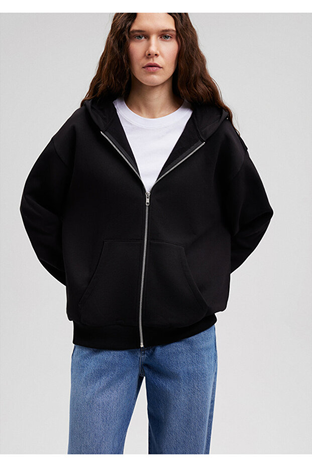 Fermuarlı Kapüşonlu Siyah Basic Sweatshirt 1611775-900 - 1