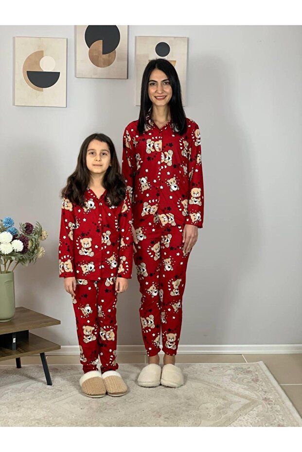 Mother Daughter Combination Front Buttoned Baby Collar 100% Cotton Teddy Bear Patterned Pajama Set (Red) - 5