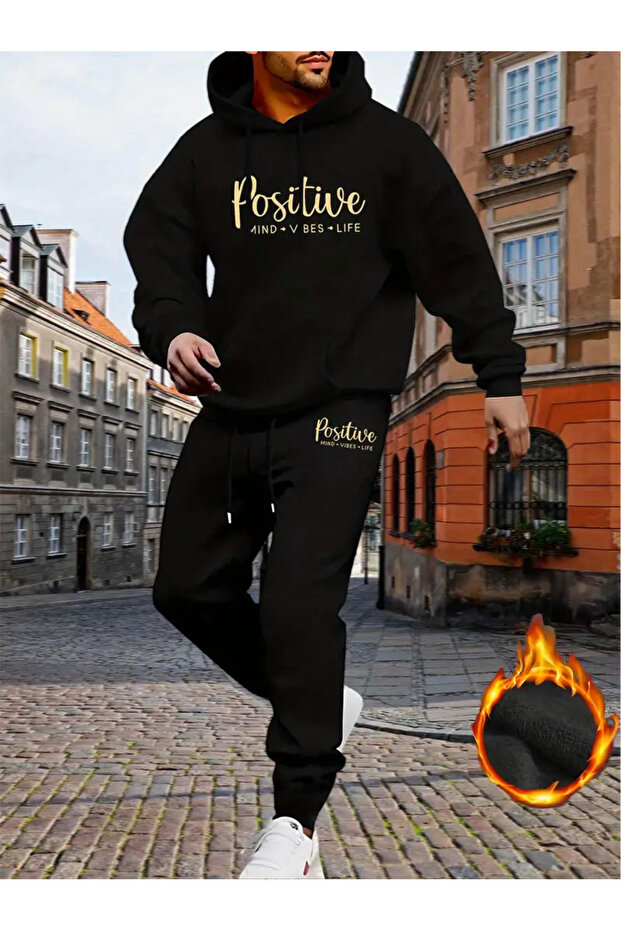 طقم بدلة رياضية علوية سفلية مطبوعة بشكل إيجابي مقاس كبير بغطاء للرأس