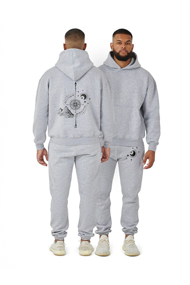 Compass Printed Bottom Top Tracksuit Set Oversize Hooded