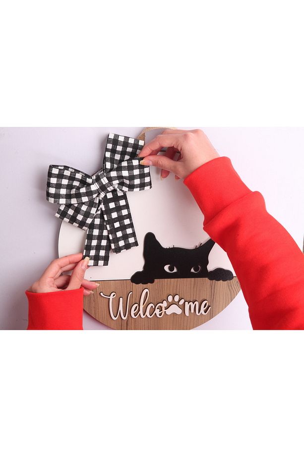 Welcome Kedi Figürlü Ahşap Kapı Süsü-kedili Ahşap Mdf Kapısüsü - 3
