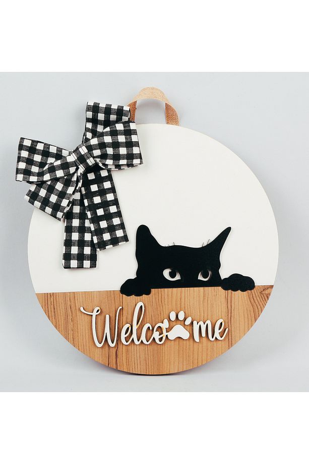 Welcome Kedi Figürlü Ahşap Kapı Süsü-kedili Ahşap Mdf Kapısüsü - 1