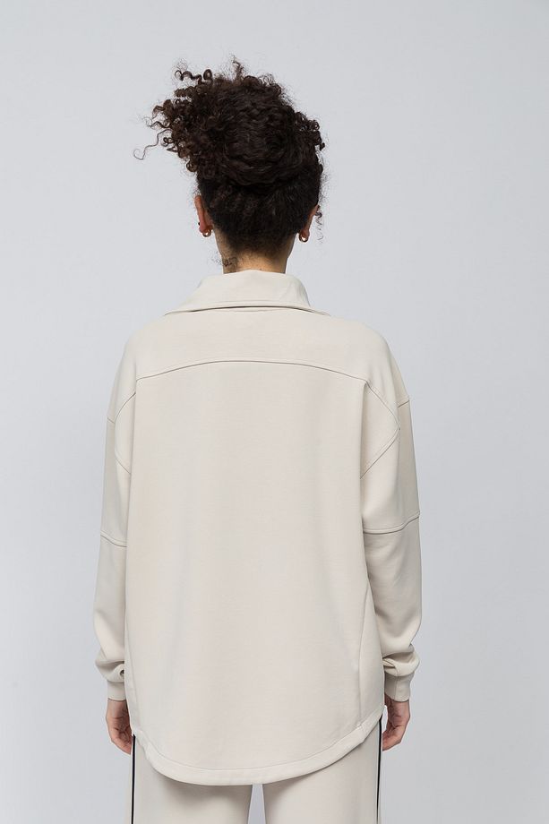Lugo - Tek Biyeli Oversize Yakası Fermuar Detaylı Önü Kısa Arkası Uzun Modal Sweatshirt - Taş Renk - 5