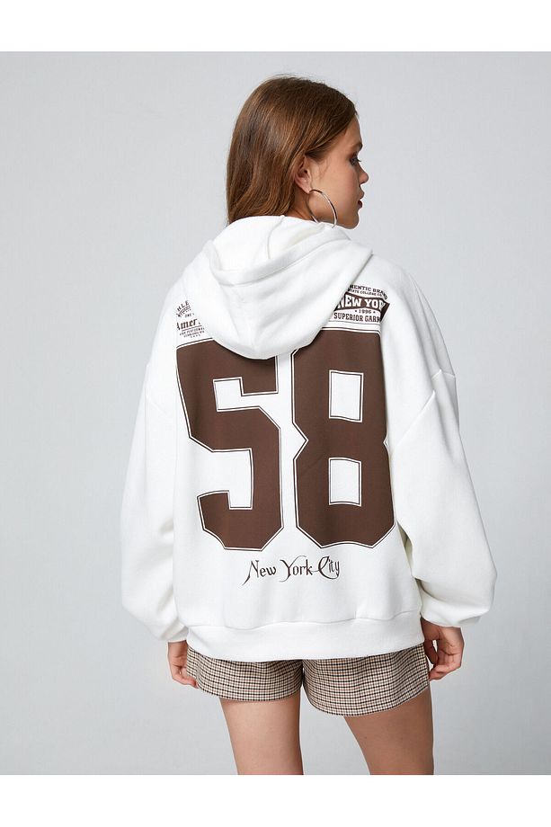 Şardonlu Fermuarlı Sweatshirt Oversize Kapüşonlu Kolej Baskılı Kanguru Cepli - 4