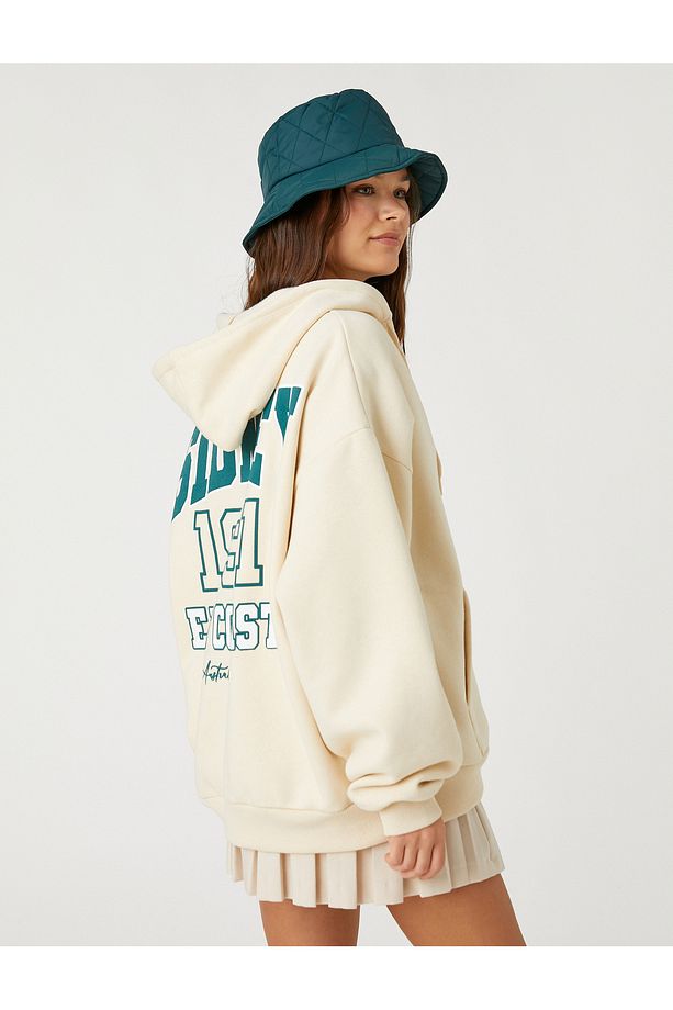 Şardonlu Kolej Sweatshirt Kapüşonlu Oversize Fermuarlı Baskılı Cep Detaylı - 4