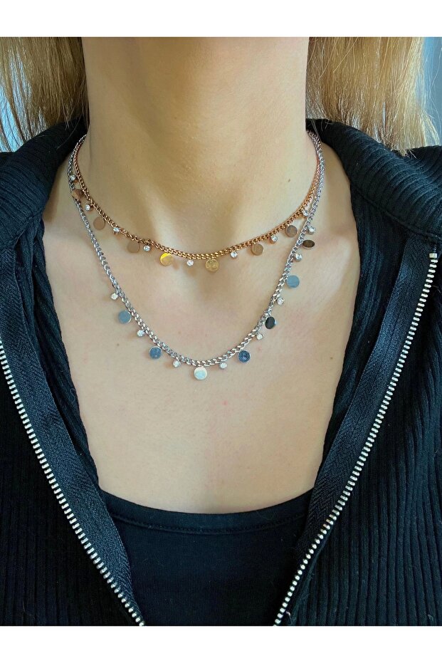 Boncuklu Pullu Çelik Kolye - 2