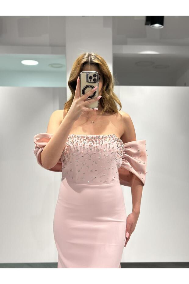 Pembe İnci Çakma Detaylı Krep Abiye Elbise RK5200 - 4