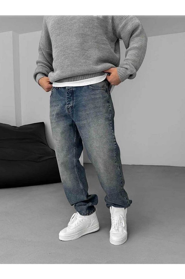 Baggy Koyu Mavi Eskitme Model Kot Pantolon - 3