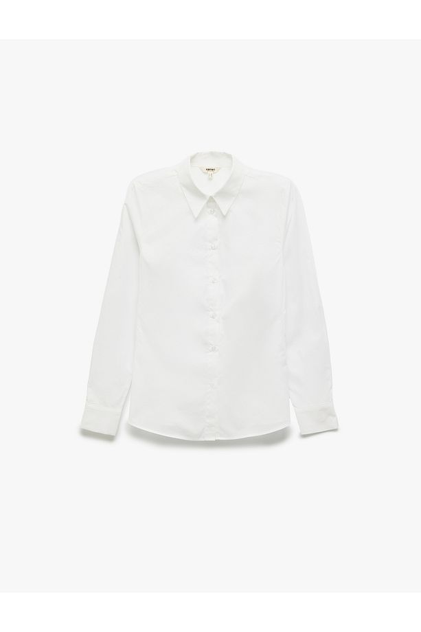Pamuklu Düğmeli Uzun Kollu Basic Poplin Kadın Gömlek - 1