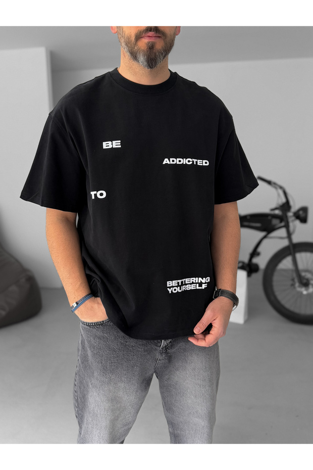 Siyah Addicted Baskılı Oversize T-Shirt C-024 - 2