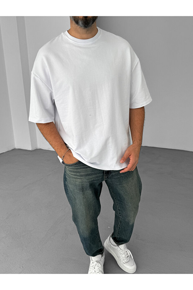 Beyaz Düz İki İplik Basic T-Shirt BY-060 - 3