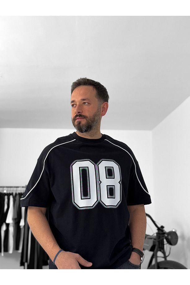 Siyah 08 Baskılı Biyeli Oversize T-Shirt C-061 - 2
