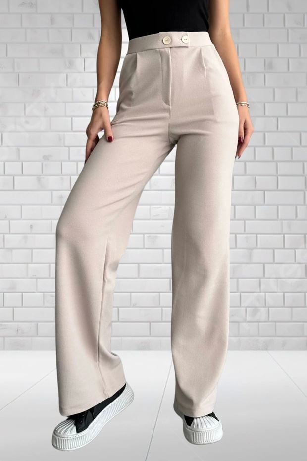 Women's Beige High Waist Crepe Fabric Lycra Relaxed Fit Double Button Palazzo Pants
