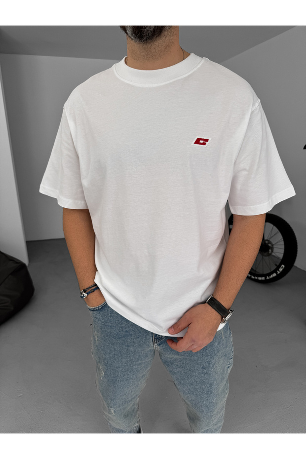 Beyaz C Nakışlı Oversize T-Shirt C-062 - 6