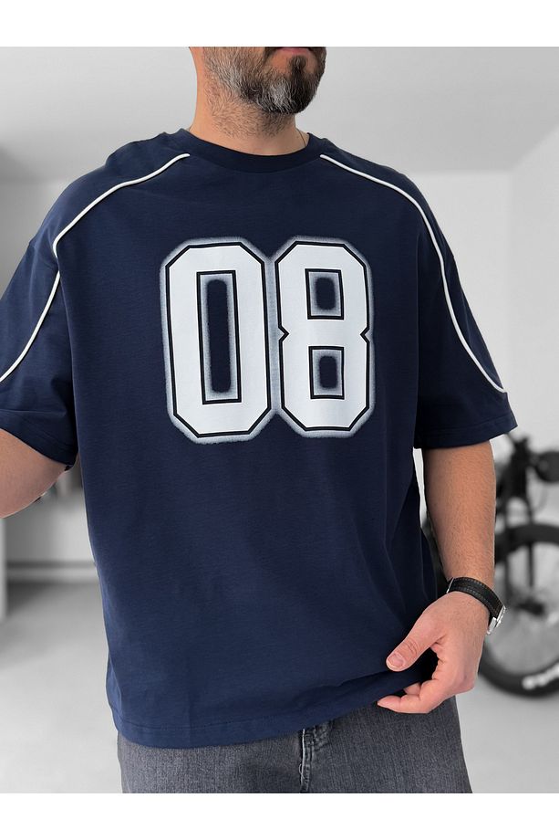 Lacivert 08 Baskılı Biyeli Oversize T-Shirt C-061 - 4