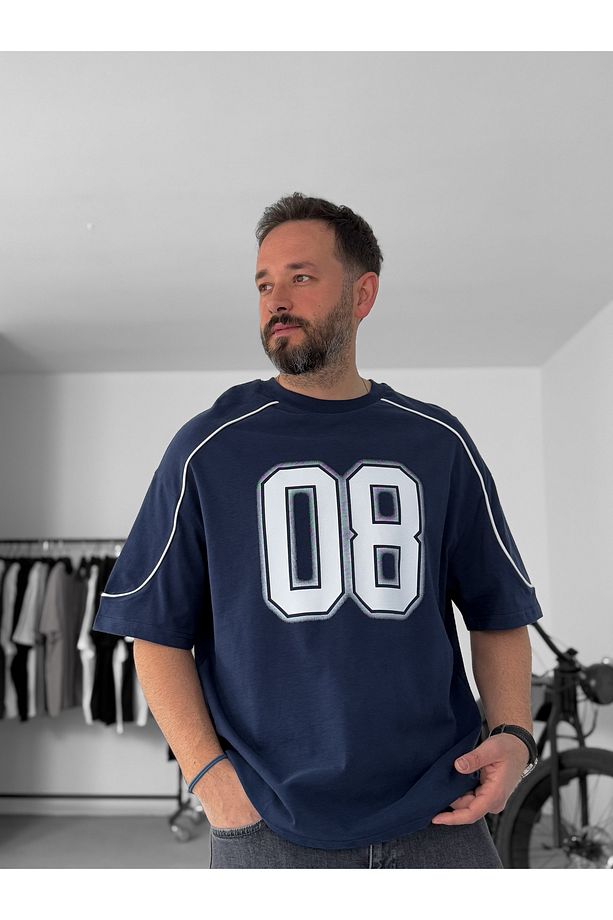 Lacivert 08 Baskılı Biyeli Oversize T-Shirt C-061 - 3