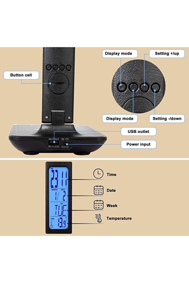 LED Desk Lamp,with Wireless Charger,with Built-in Clock, Calendar,Thermometer and Automatic Timing - 5