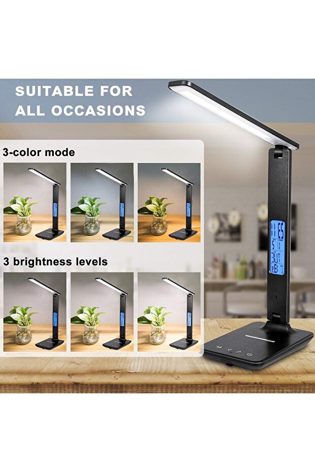 LED Desk Lamp,with Wireless Charger,with Built-in Clock, Calendar,Thermometer and Automatic Timing - 4