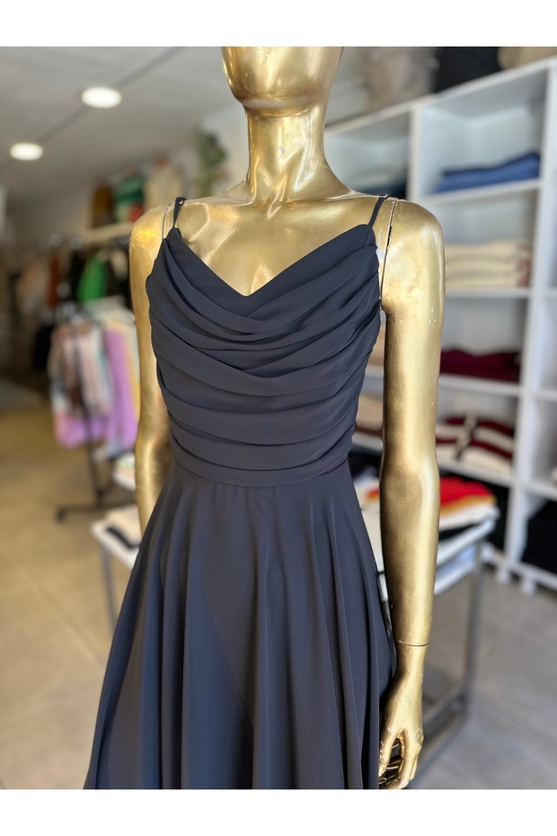 Siyah Şifon Elbise - 3