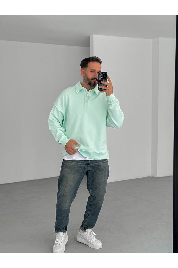 Su Yeşili Heavyweight Yakalı Basic Sweat BY-056 - 4
