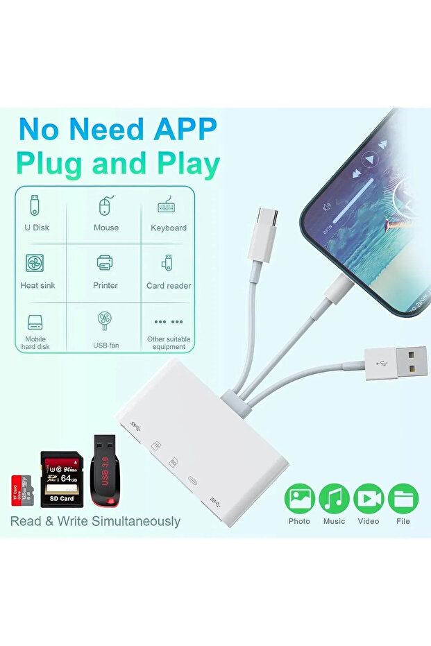5 in 1 Lightning  Usb-A  Type-C Çıkışlı Çoklu OTG Çevirici Adaptör SD TF Kart Okuyucu USB Hub - 4