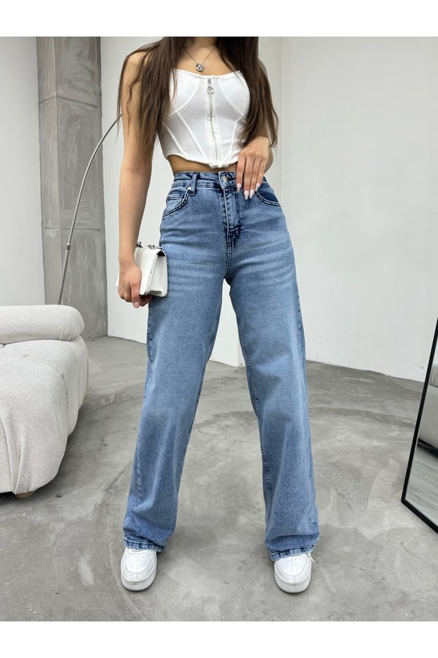 Women's Faded Effect Vintage High-Waist Wide Leg Jeans