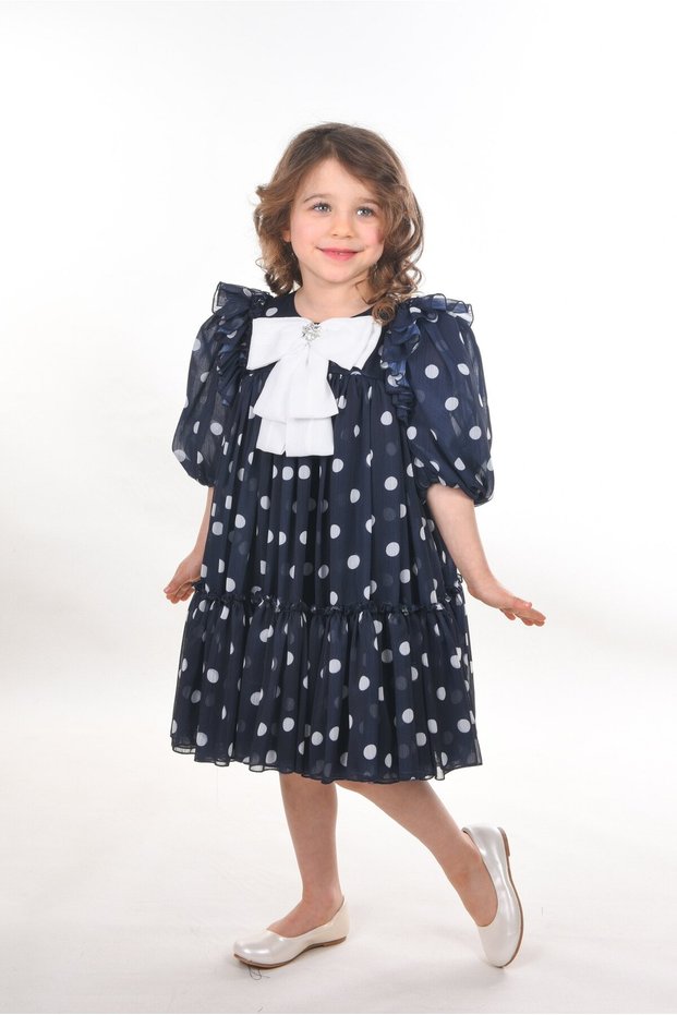 Girls' Puffy Evening Dress with Bow and Polka Dot_M2438