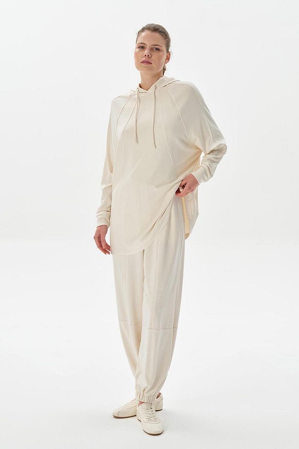 Modal Örme Kapüşonlu Oversize Sweatshirt Ekru - 3