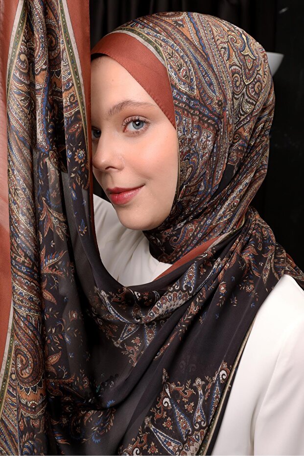 Kiremit Otantik Desen Hint İpeği Şal - 1