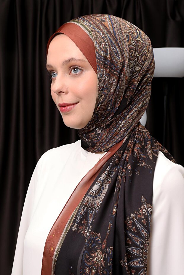 Kiremit Otantik Desen Hint İpeği Şal - 2